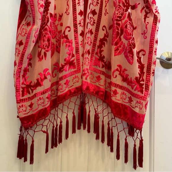 Free People Shawl, Coat, Tassel, Red/Cream, One Size - Picture 5 of 8